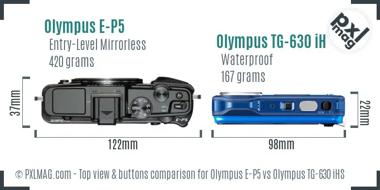 Olympus E-P5 vs Olympus TG-630 iHS top view buttons comparison