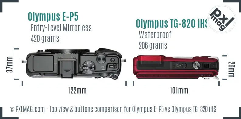 Olympus E-P5 vs Olympus TG-820 iHS top view buttons comparison