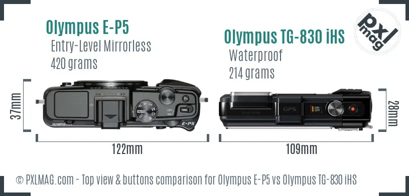 Olympus E-P5 vs Olympus TG-830 iHS top view buttons comparison