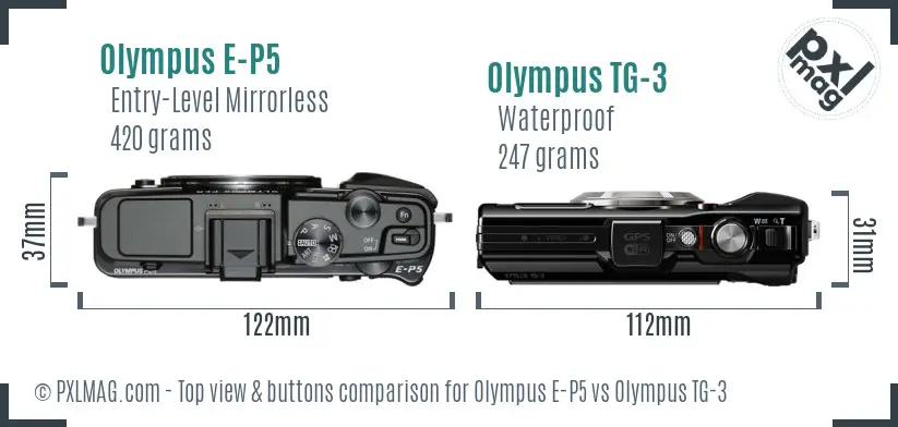 Olympus E-P5 vs Olympus TG-3 top view buttons comparison