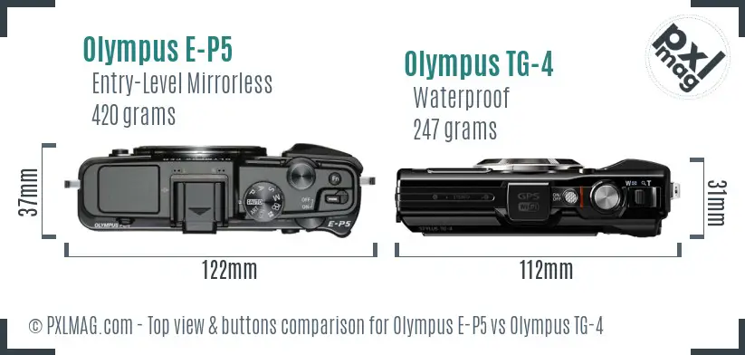 Olympus E-P5 vs Olympus TG-4 top view buttons comparison