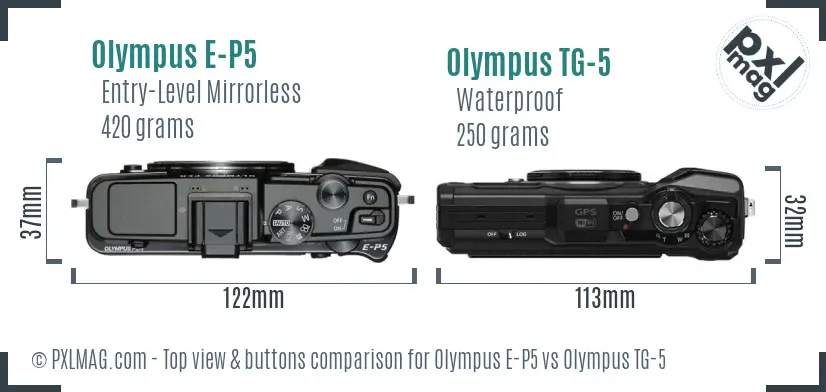 Olympus E-P5 vs Olympus TG-5 top view buttons comparison