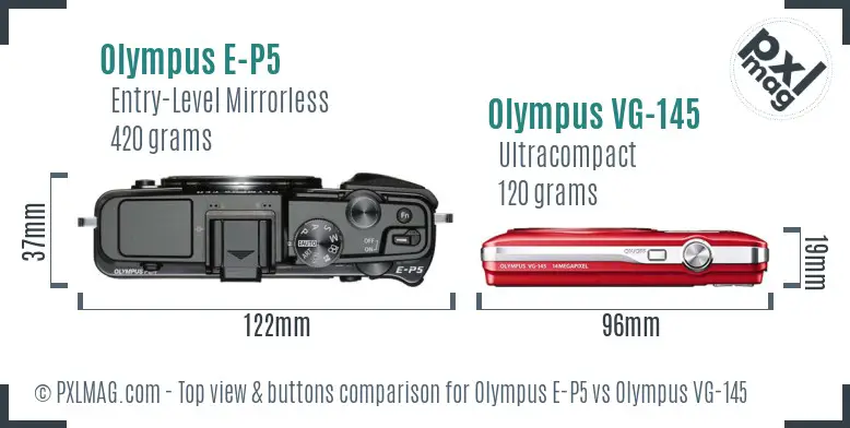 Olympus E-P5 vs Olympus VG-145 top view buttons comparison