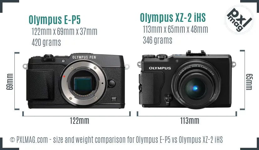 Olympus E-P5 vs Olympus XZ-2 iHS size comparison