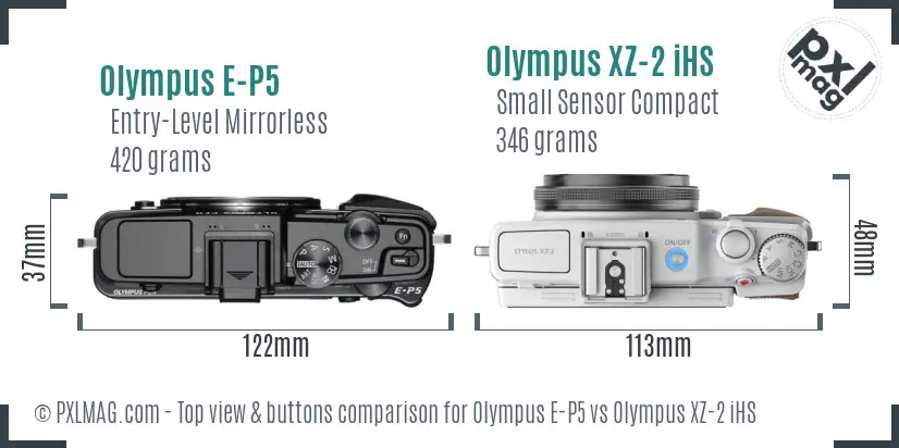 Olympus E-P5 vs Olympus XZ-2 iHS top view buttons comparison