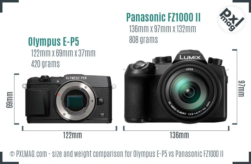 Olympus E-P5 vs Panasonic FZ1000 II size comparison