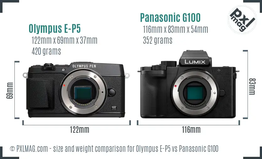 Olympus E-P5 vs Panasonic G100 size comparison