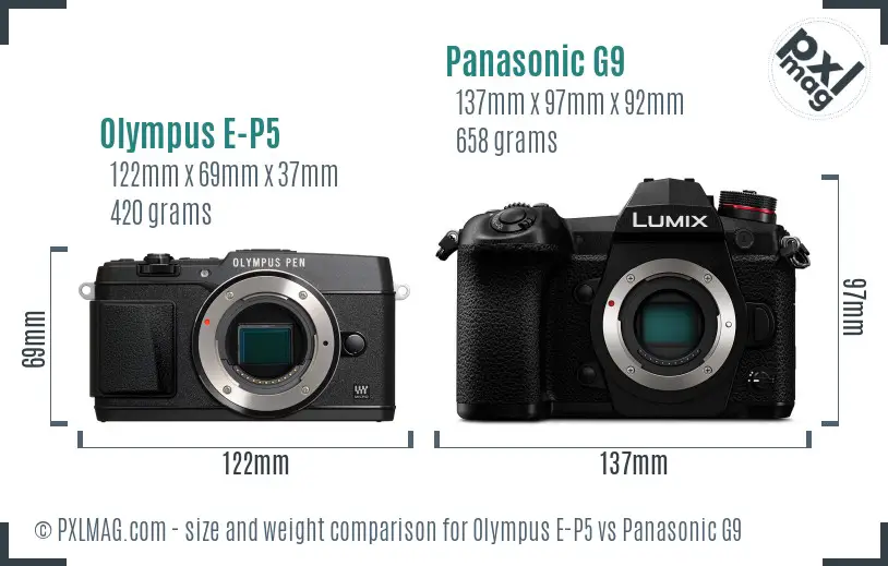 Olympus E-P5 vs Panasonic G9 size comparison