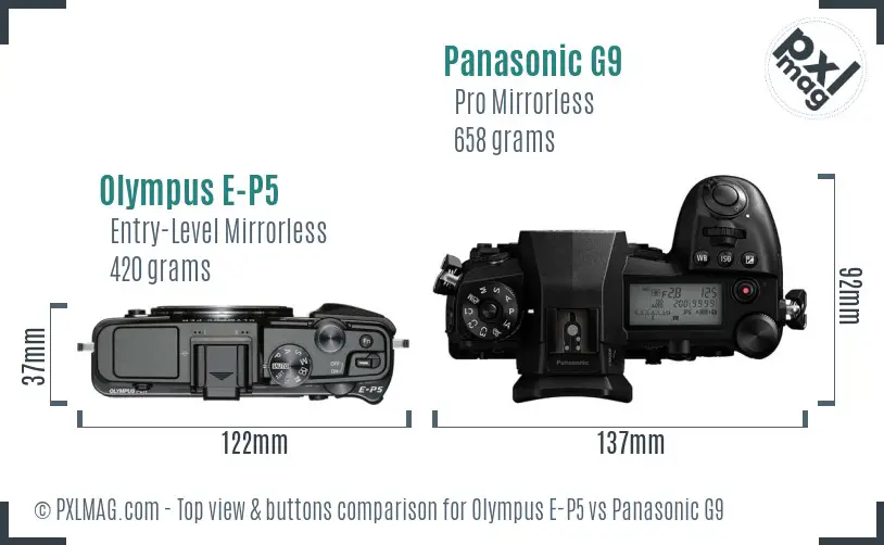 Olympus E-P5 vs Panasonic G9 top view buttons comparison