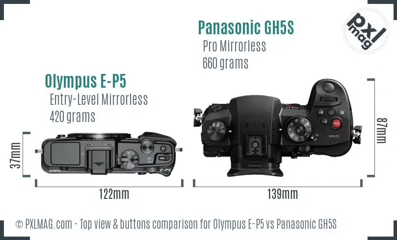 Olympus E-P5 vs Panasonic GH5S top view buttons comparison