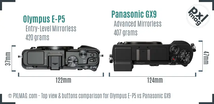 Olympus E-P5 vs Panasonic GX9 top view buttons comparison