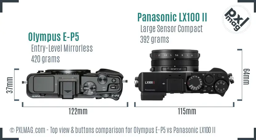 Olympus E-P5 vs Panasonic LX100 II top view buttons comparison