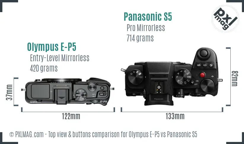 Olympus E-P5 vs Panasonic S5 top view buttons comparison