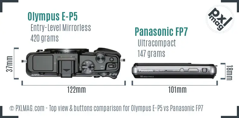 Olympus E-P5 vs Panasonic FP7 top view buttons comparison