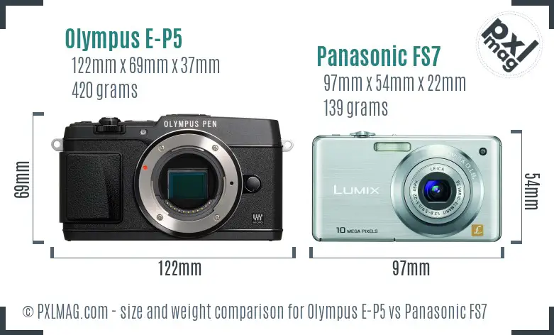 Olympus E-P5 vs Panasonic FS7 size comparison