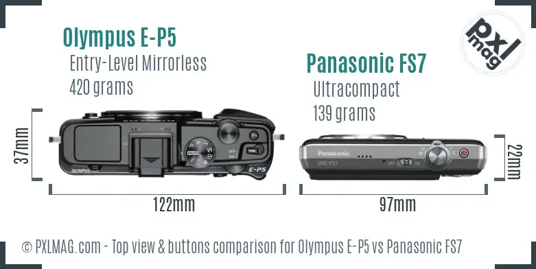 Olympus E-P5 vs Panasonic FS7 top view buttons comparison