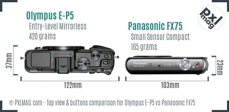Olympus E-P5 vs Panasonic FX75 top view buttons comparison
