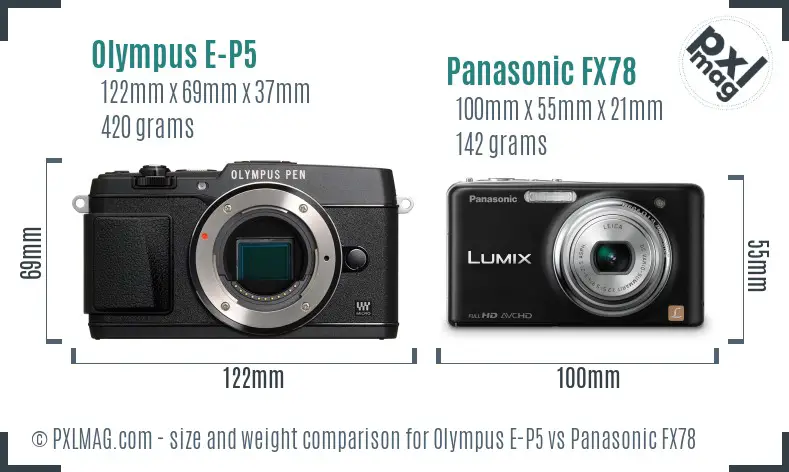 Olympus E-P5 vs Panasonic FX78 size comparison