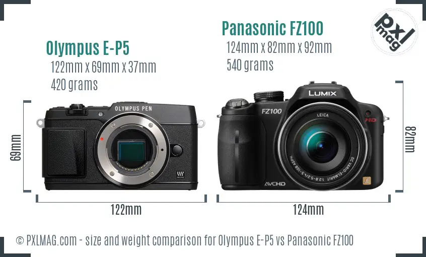 Olympus E-P5 vs Panasonic FZ100 size comparison