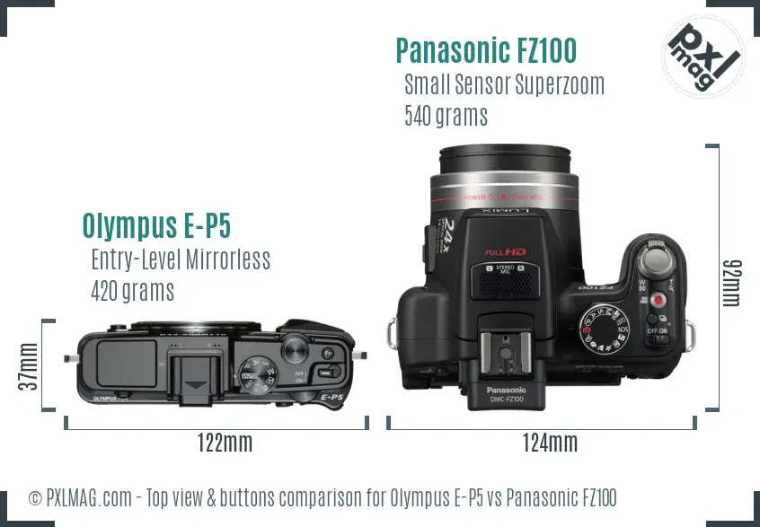 Olympus E-P5 vs Panasonic FZ100 top view buttons comparison