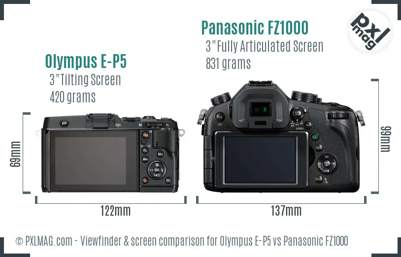 Olympus E-P5 vs Panasonic FZ1000 Screen and Viewfinder comparison