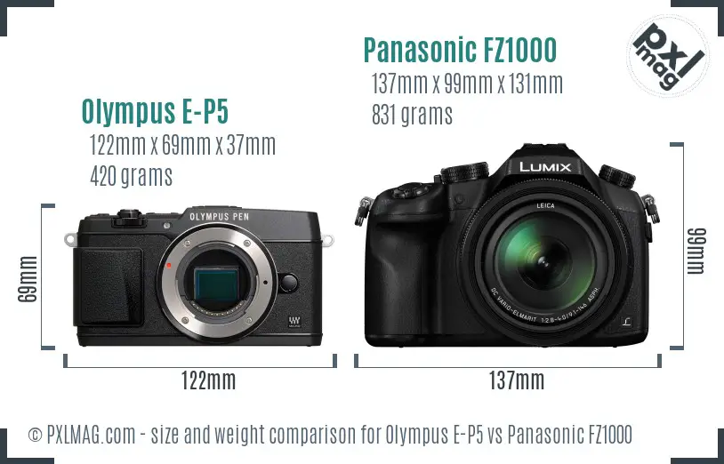 Olympus E-P5 vs Panasonic FZ1000 size comparison