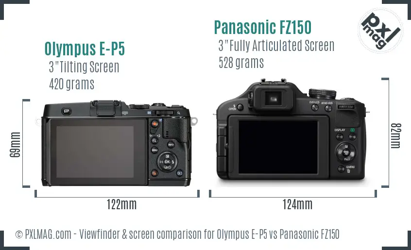 Olympus E-P5 vs Panasonic FZ150 Screen and Viewfinder comparison