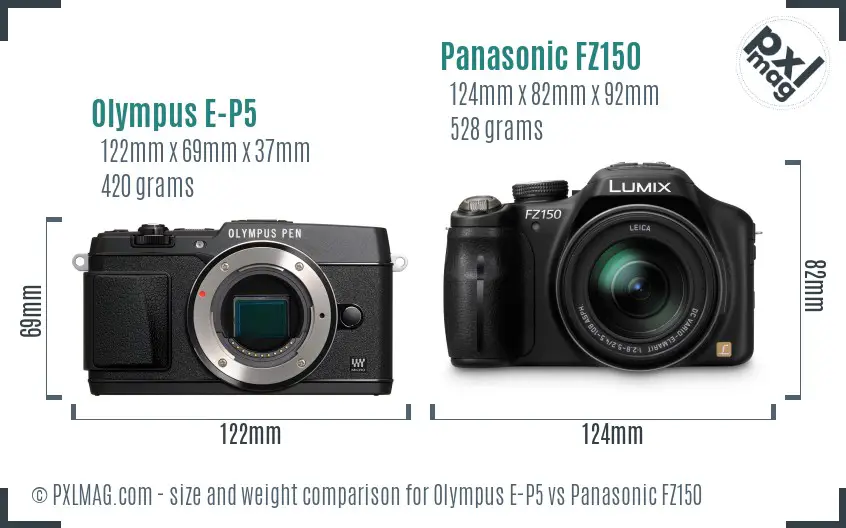 Olympus E-P5 vs Panasonic FZ150 size comparison