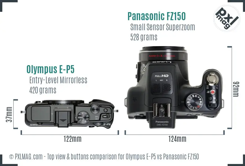 Olympus E-P5 vs Panasonic FZ150 top view buttons comparison