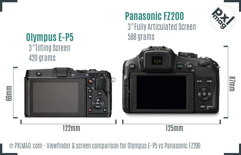 Olympus E-P5 vs Panasonic FZ200 Screen and Viewfinder comparison