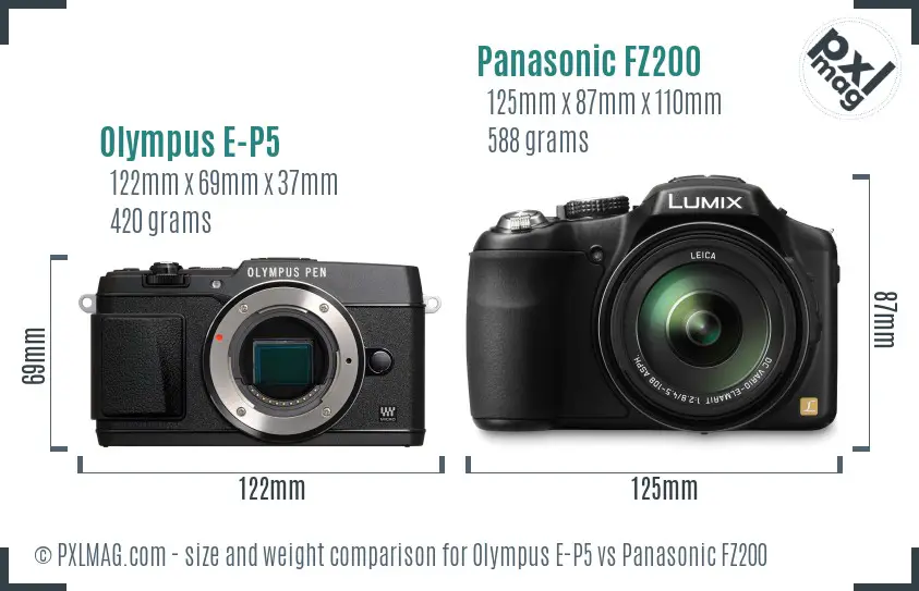 Olympus E-P5 vs Panasonic FZ200 size comparison
