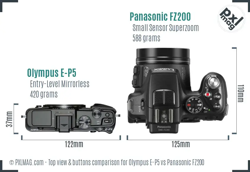 Olympus E-P5 vs Panasonic FZ200 top view buttons comparison