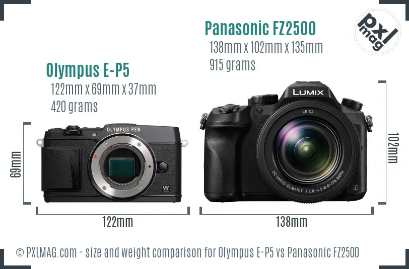 Olympus E-P5 vs Panasonic FZ2500 size comparison