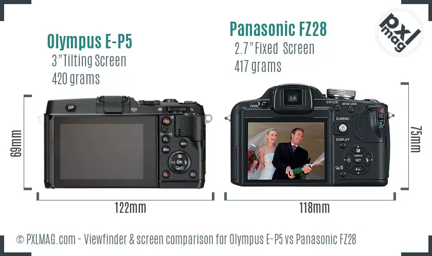 Olympus E-P5 vs Panasonic FZ28 Screen and Viewfinder comparison