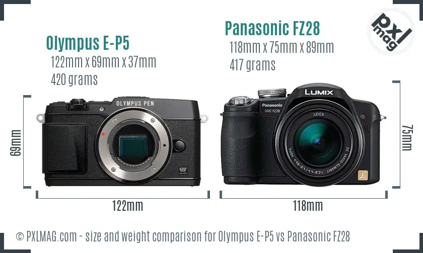 Olympus E-P5 vs Panasonic FZ28 size comparison