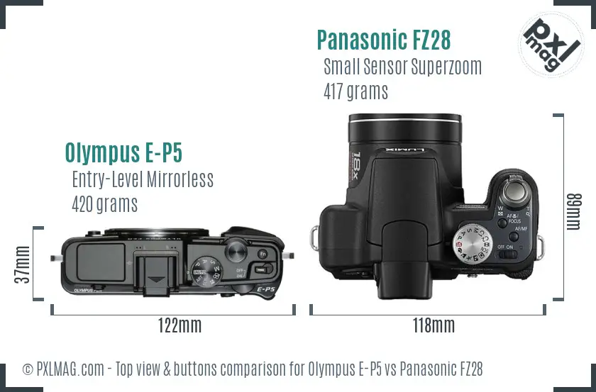 Olympus E-P5 vs Panasonic FZ28 top view buttons comparison