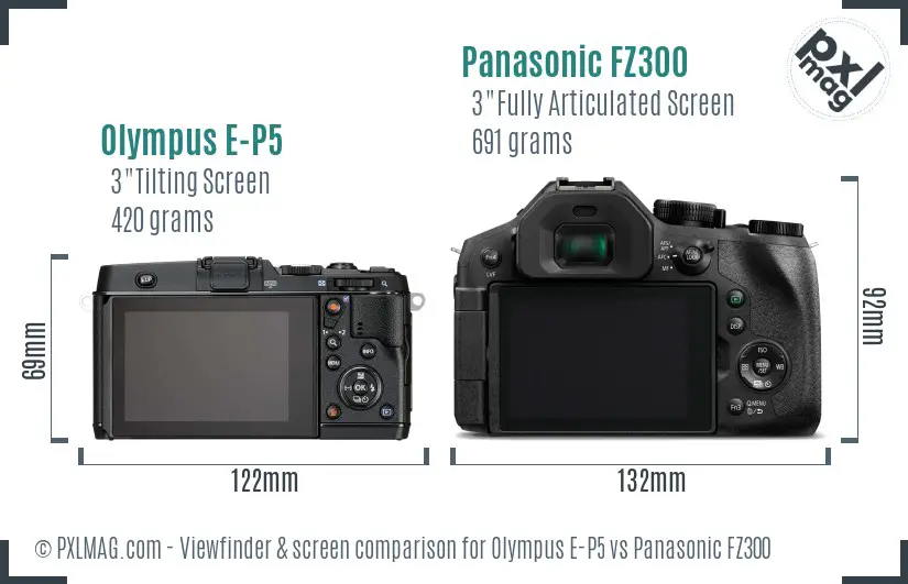Olympus E-P5 vs Panasonic FZ300 Screen and Viewfinder comparison