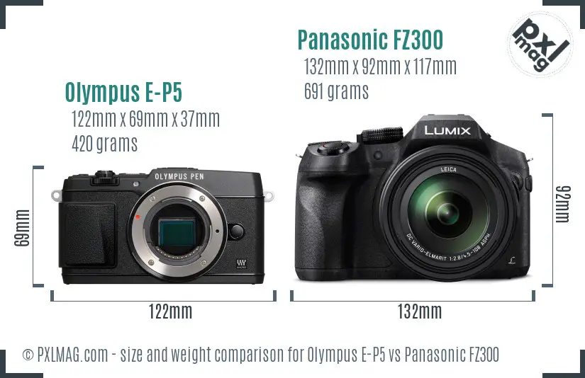 Olympus E-P5 vs Panasonic FZ300 size comparison