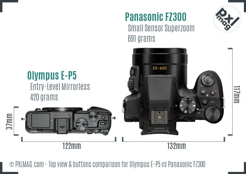Olympus E-P5 vs Panasonic FZ300 top view buttons comparison
