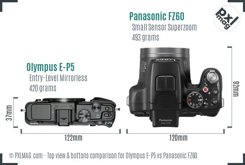 Olympus E-P5 vs Panasonic FZ60 top view buttons comparison