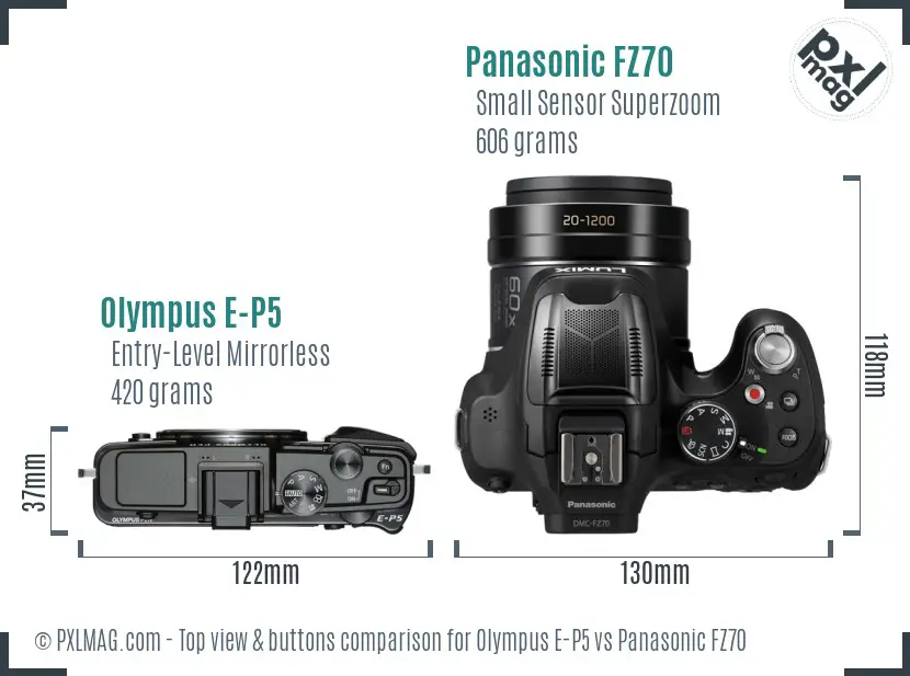 Olympus E-P5 vs Panasonic FZ70 top view buttons comparison