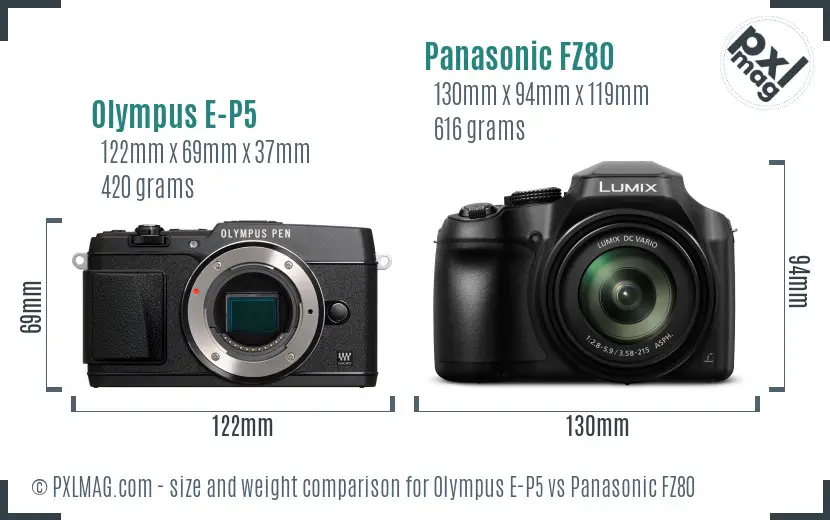 Olympus E-P5 vs Panasonic FZ80 size comparison