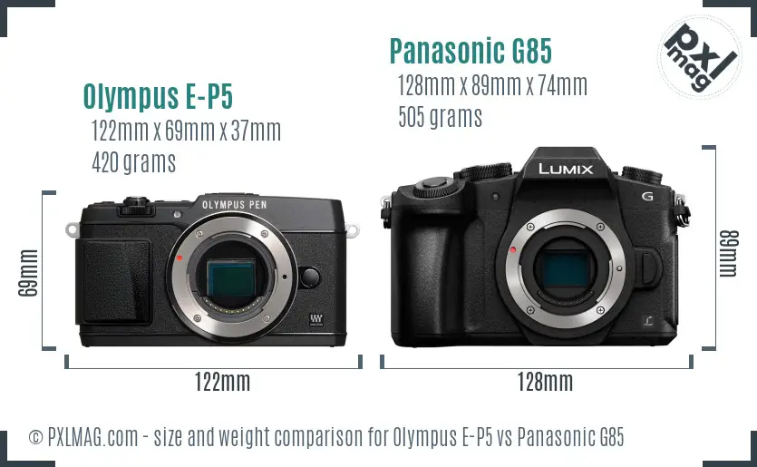Olympus E-P5 vs Panasonic G85 size comparison
