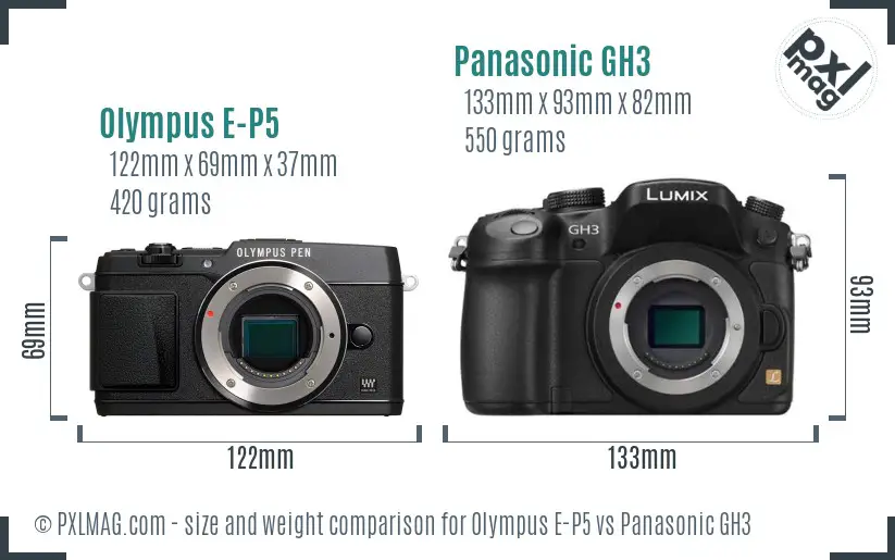 Olympus E-P5 vs Panasonic GH3 size comparison