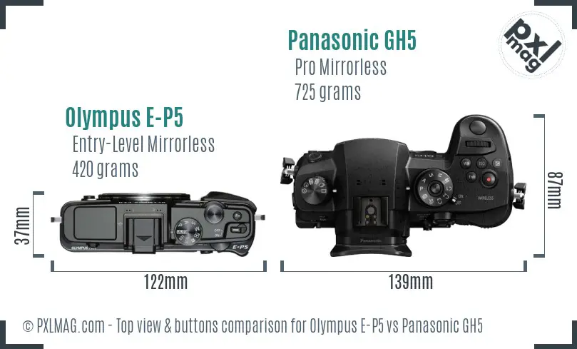 Olympus E-P5 vs Panasonic GH5 top view buttons comparison