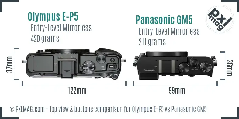 Olympus E-P5 vs Panasonic GM5 top view buttons comparison