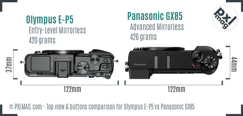 Olympus E-P5 vs Panasonic GX85 top view buttons comparison