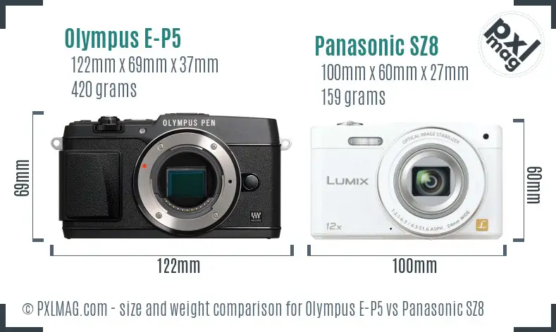 Olympus E-P5 vs Panasonic SZ8 size comparison