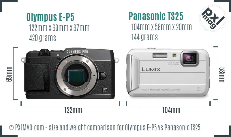 Olympus E-P5 vs Panasonic TS25 size comparison