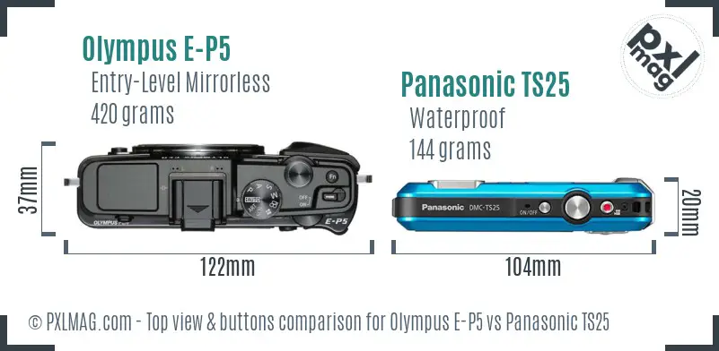 Olympus E-P5 vs Panasonic TS25 top view buttons comparison